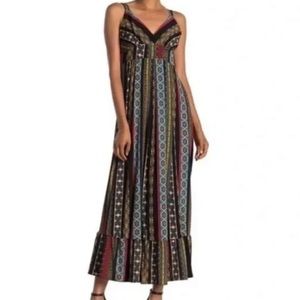 T Tahari boho stripe ruffle maxi dress vacation XS